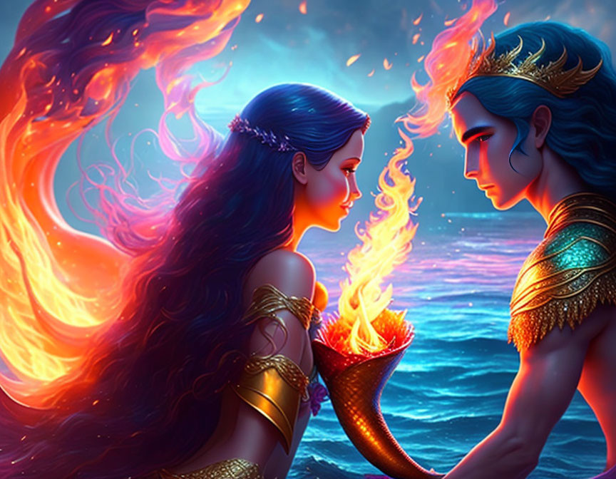 Fantastical characters with elemental powers touch hands against vibrant backdrop