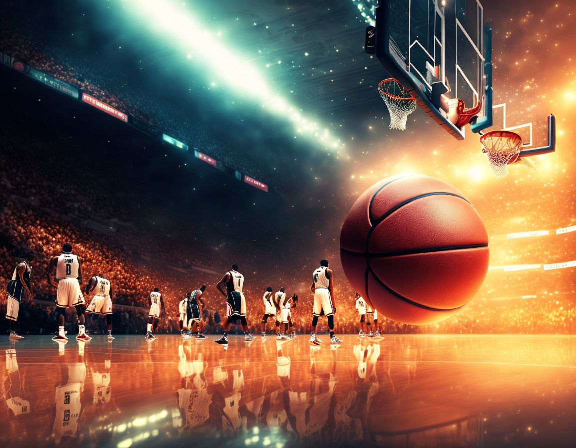 Dynamic Basketball Court Scene with Dramatic Lighting and Players in Action