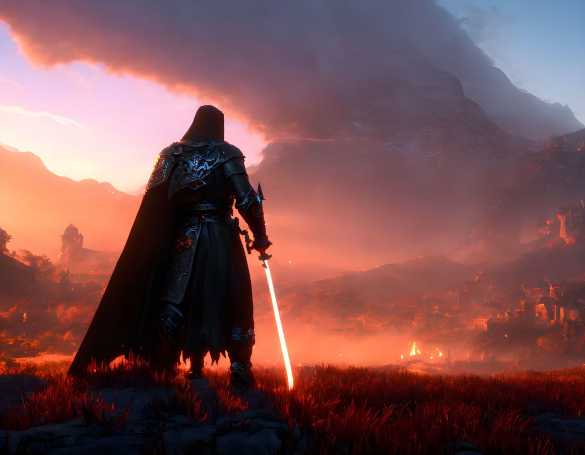 Cloaked figure with glowing sword in fiery landscape amid mountains and castle under red sky