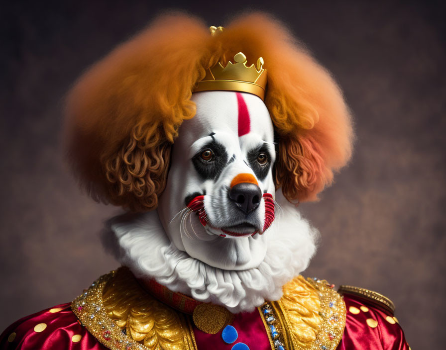 Clown in royal attire with crown and whimsical majesty.