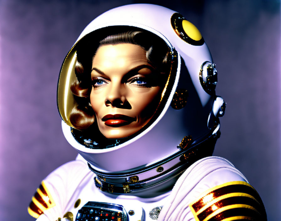 Styled hair woman in white & gold astronaut helmet with headphones & controls