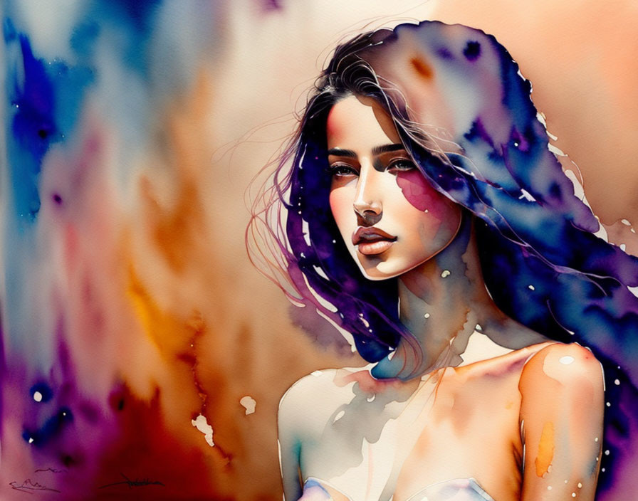 Vibrant watercolor portrait of woman with flowing hair.