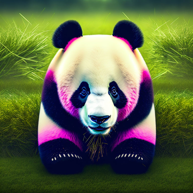 Colorful Panda Artwork Featuring Pink and Purple Patches on Grass