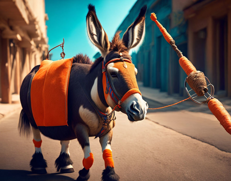 Donkey with orange blanket follows dangling carrot in narrow street