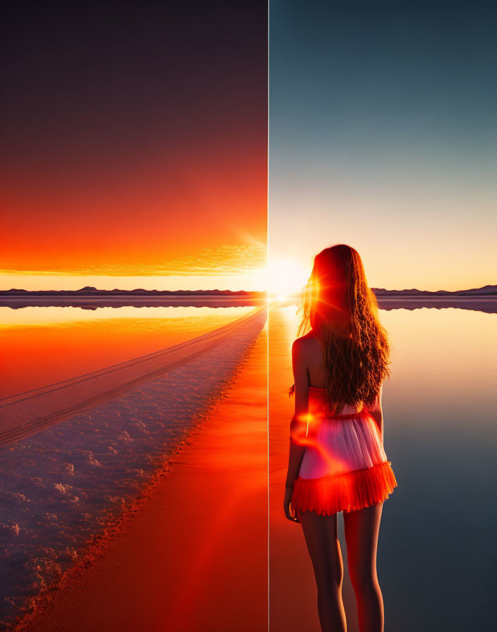 Woman admires vibrant sunset over salt flat