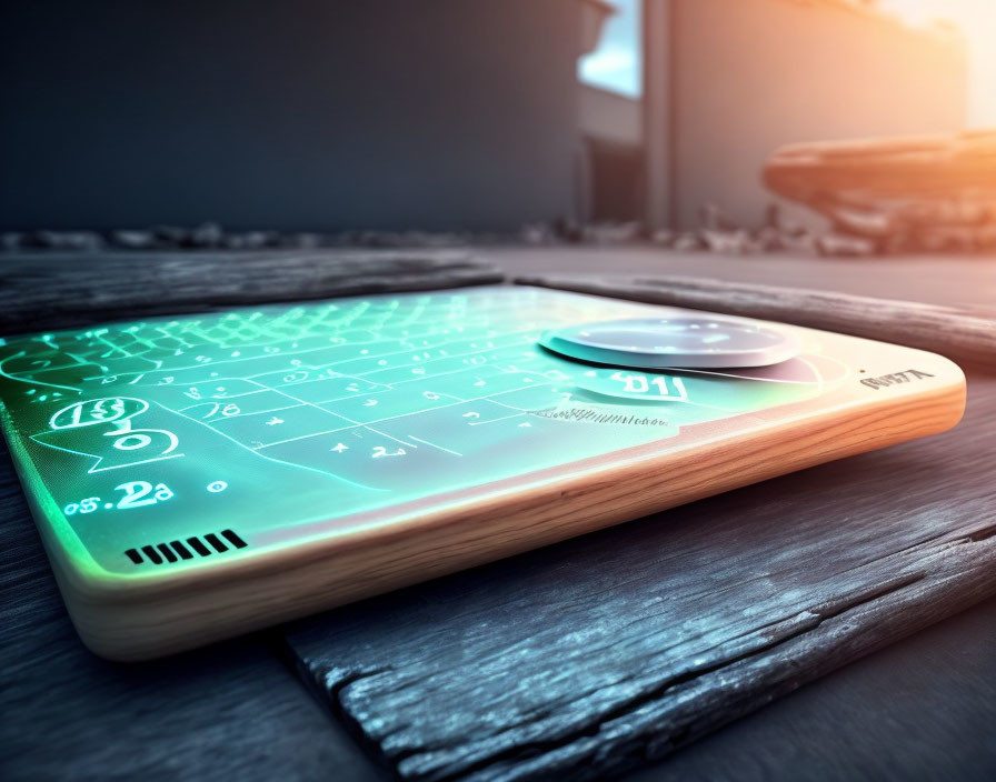 Transparent display smartphone with holographic projection on wooden surface