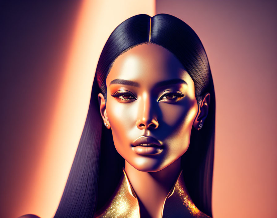 Digital portrait of woman with sleek hair, glowing skin, high cheekbones, and golden shimmer on shoulders