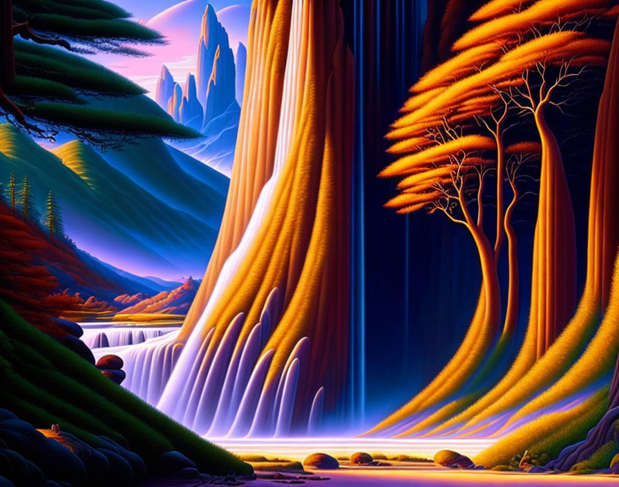 Colorful surreal landscape with waterfalls, autumn trees, and purple mountains.