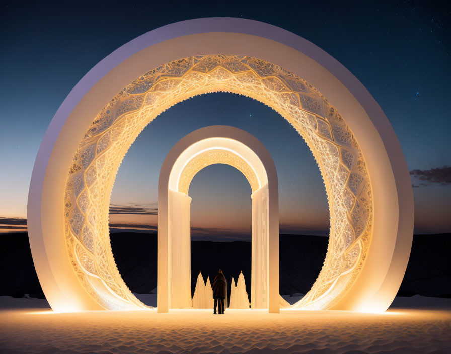 Silhouetted figures under ornate archway at twilight