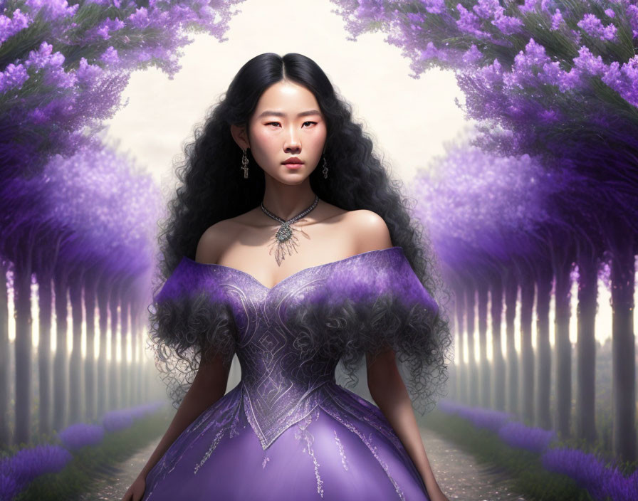 Woman in elegant purple dress in fantastical wisteria-lined path.