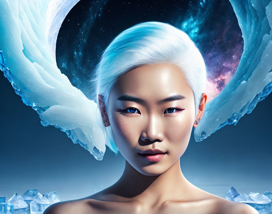 White-Haired Figure with Icy Wings in Cosmic Setting with Crystals