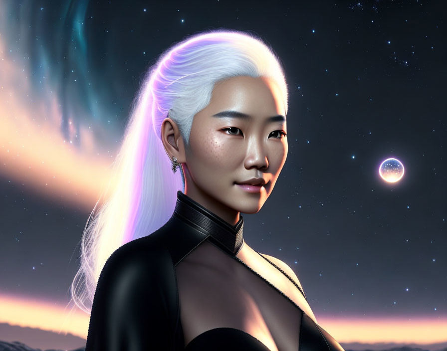 Woman with White Hair in Aurora Sky & Planet Scene