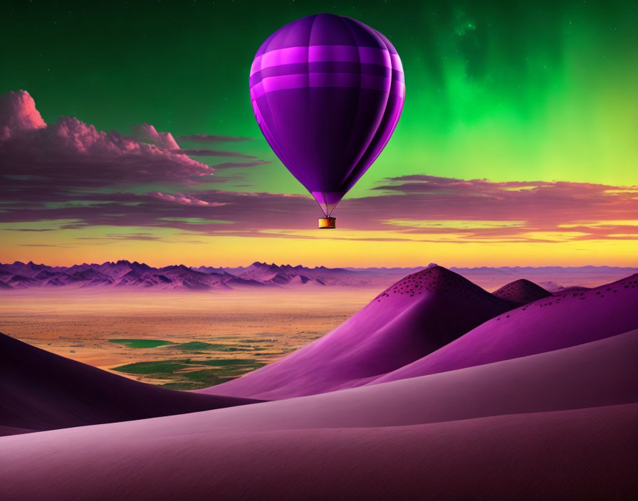 Hot air balloon over purple desert dunes under northern lights