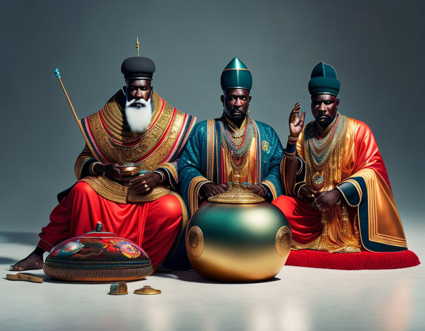 Three men in colorful robes as Three Wise Men with gifts and crowns