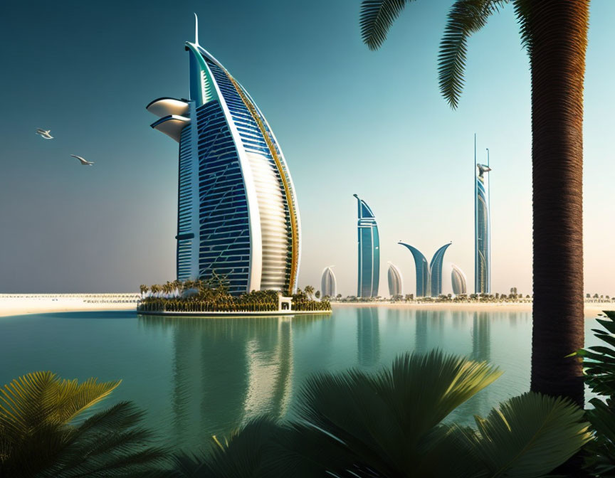 Modern waterfront cityscape with skyscrapers, palm trees, and birds in clear sky