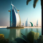 Modern waterfront cityscape with skyscrapers, palm trees, and birds in clear sky