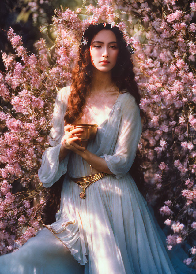 Woman in flowing pastel dress with headpiece holding golden chalice amidst pink blossoms