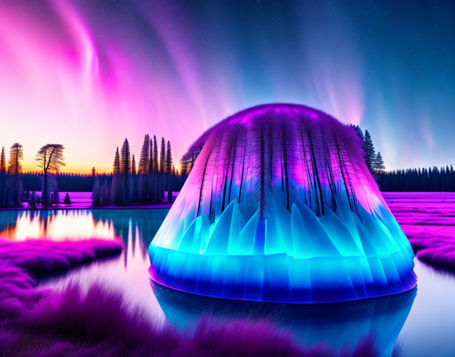 Auroras illuminate frozen landscape with crystal dome and tranquil lake