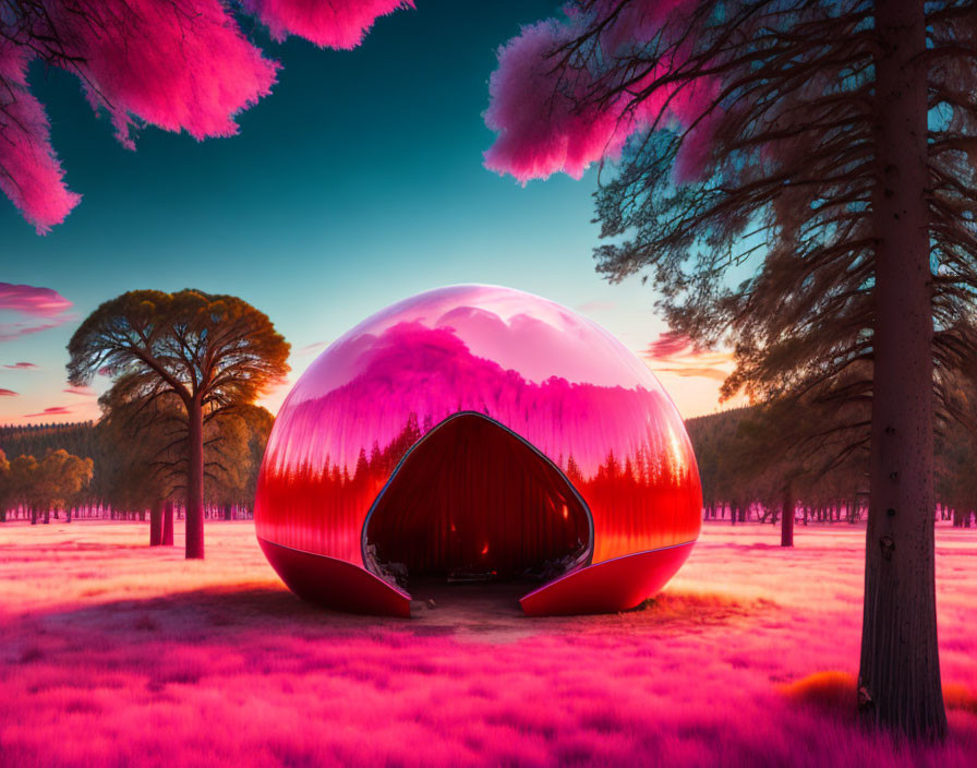 Futuristic pink dome in surreal landscape with pink-tinted trees