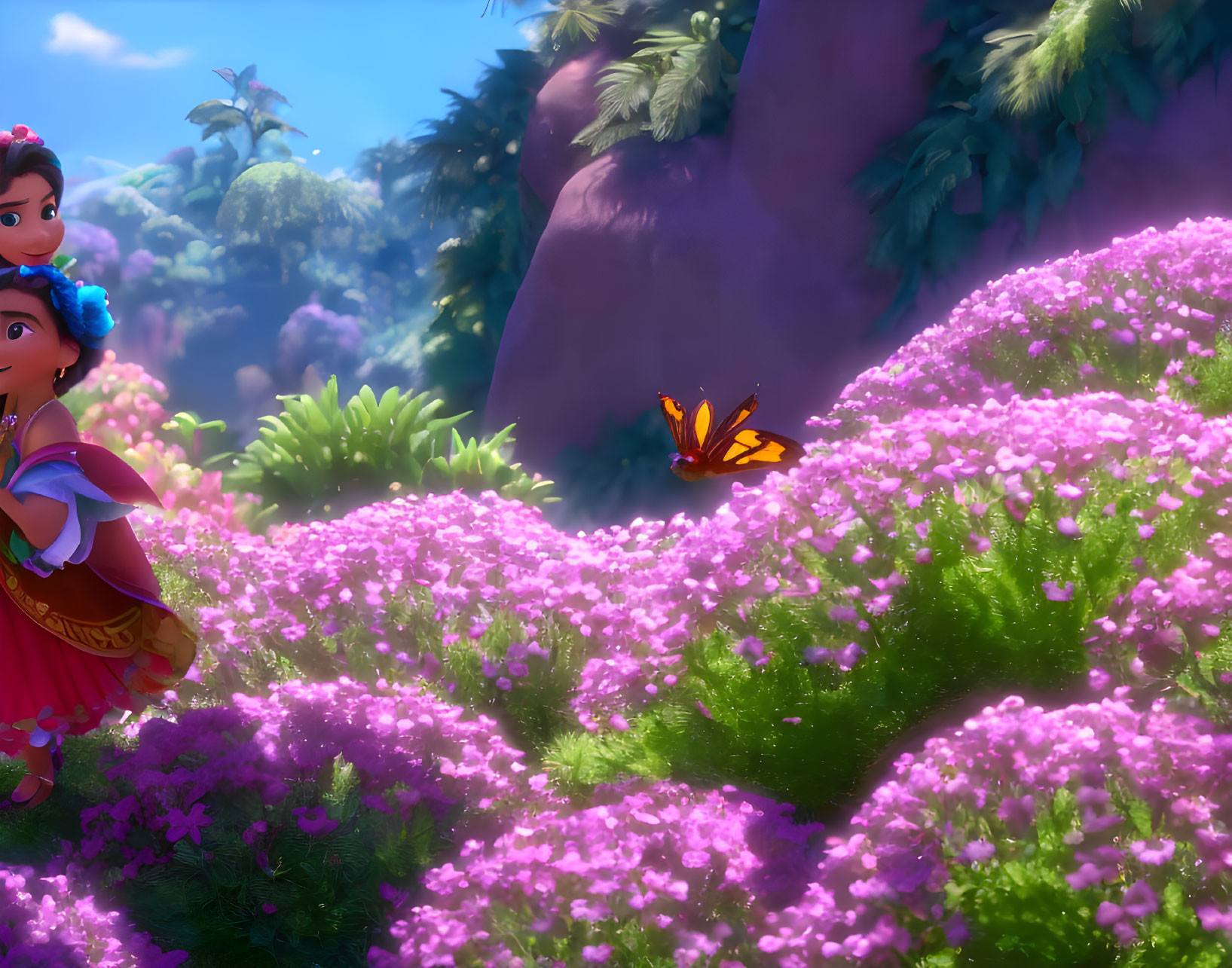 Colorful animated characters in pink flower field with butterfly and greenery