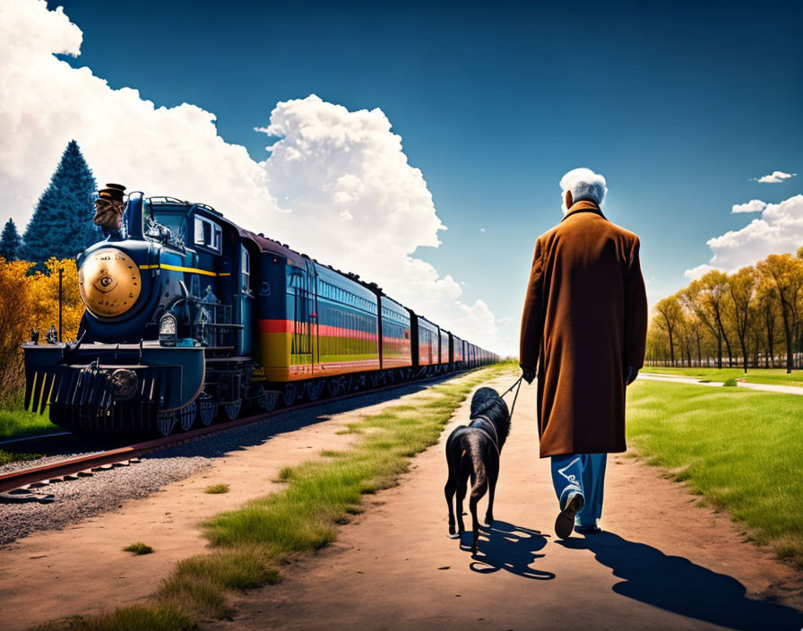 Elderly person walking black dog near colorful train under blue sky