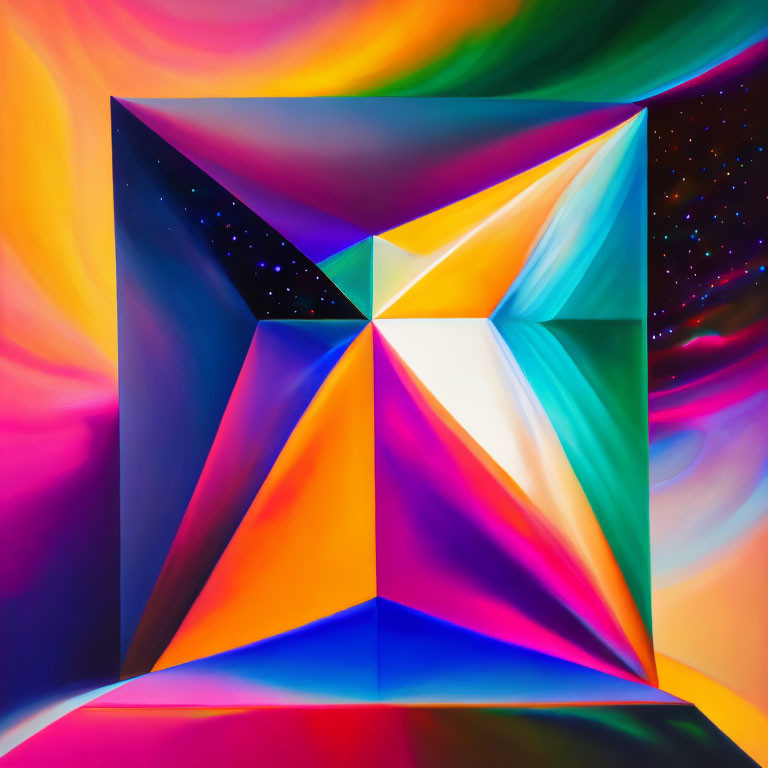 Colorful Geometric Cubic Illusion Artwork on Cosmic Background