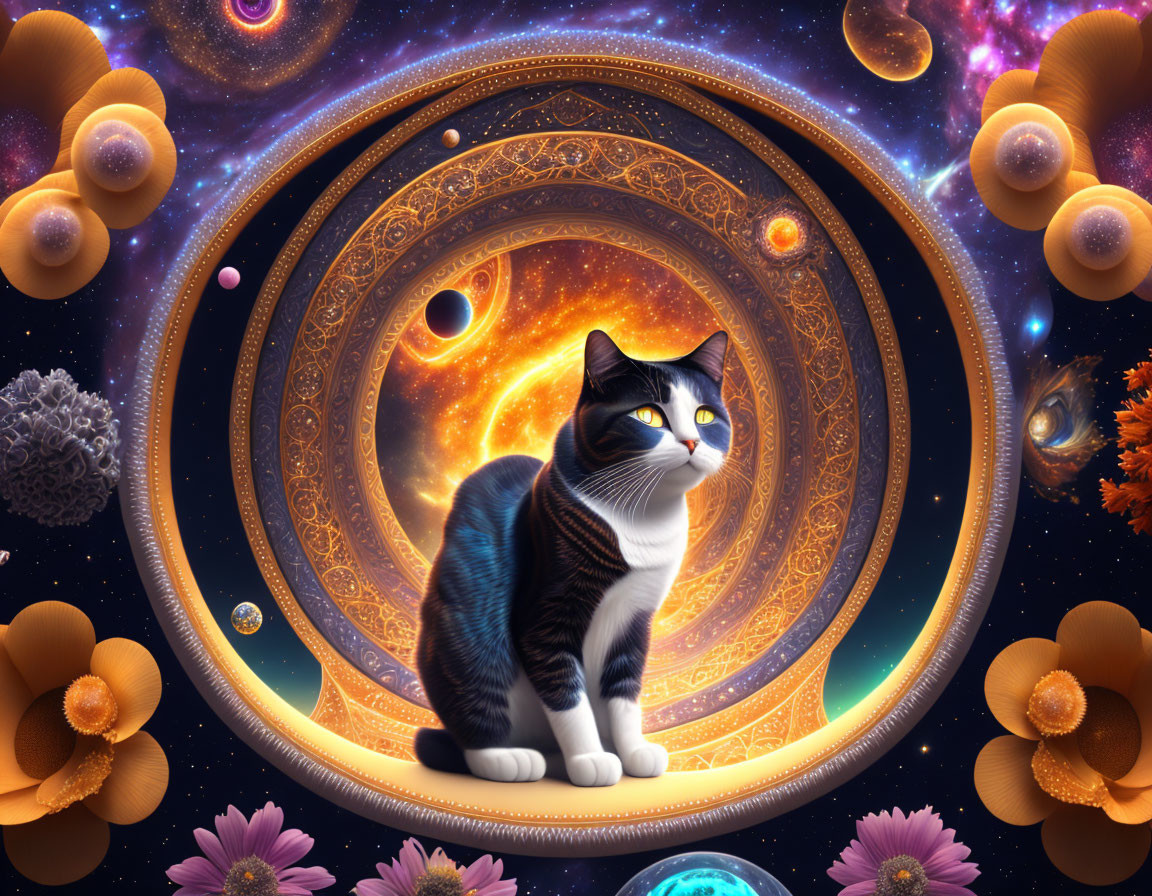 Black and white cat surrounded by cosmic galaxies and celestial bodies