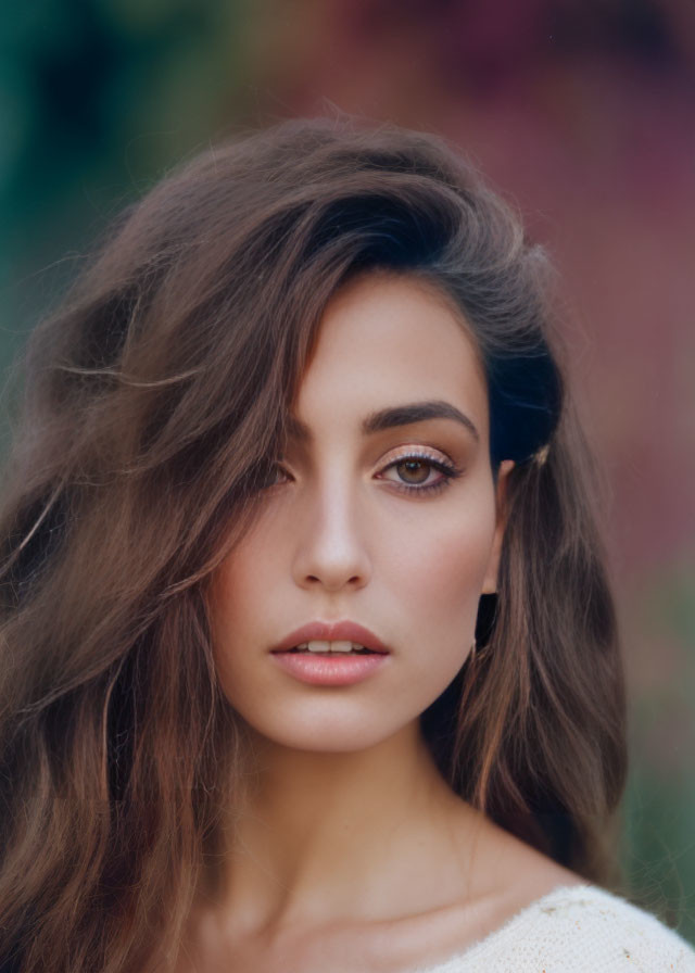 Woman with Long Brown Hair and Striking Eyes in Nature Portrait