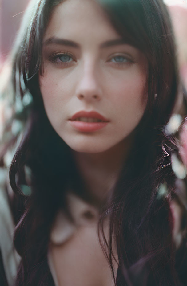 Portrait of Woman with Blue Eyes and Dark Wavy Hair on Blurred Pink Background