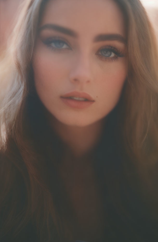 Woman portrait with wavy hair, subtle makeup, and captivating eyes in soft backlight.