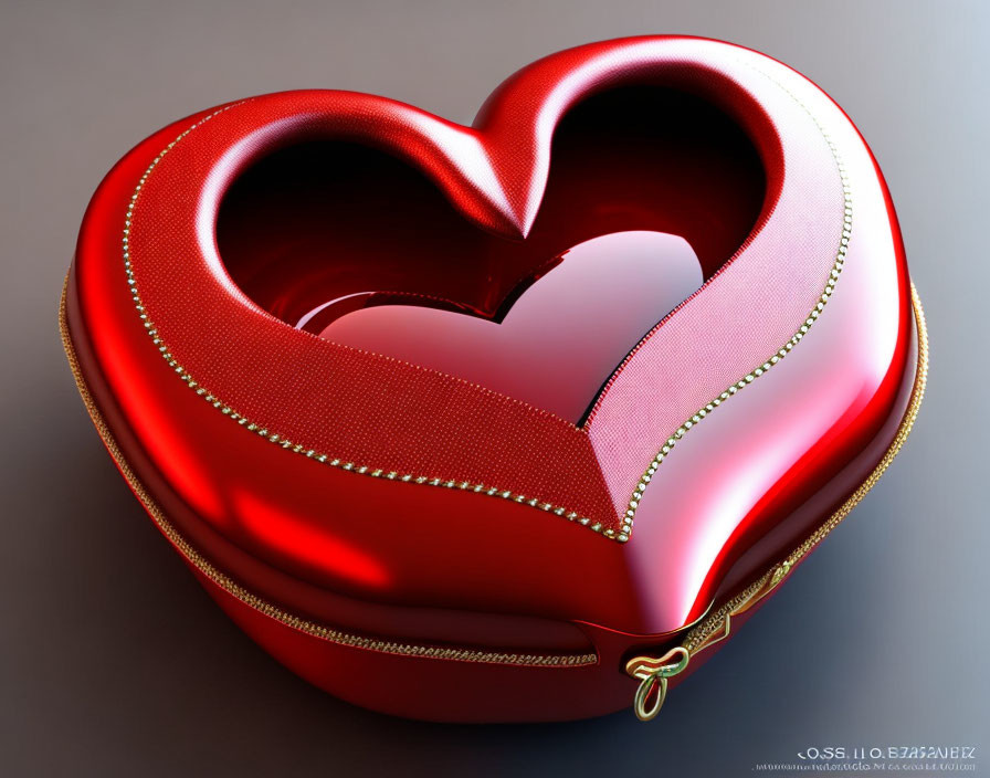 Red Heart-Shaped Box with Golden Zipper in 3D Rendering