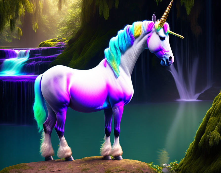 Colorful Unicorn with Rainbow Mane by Misty Waterfall