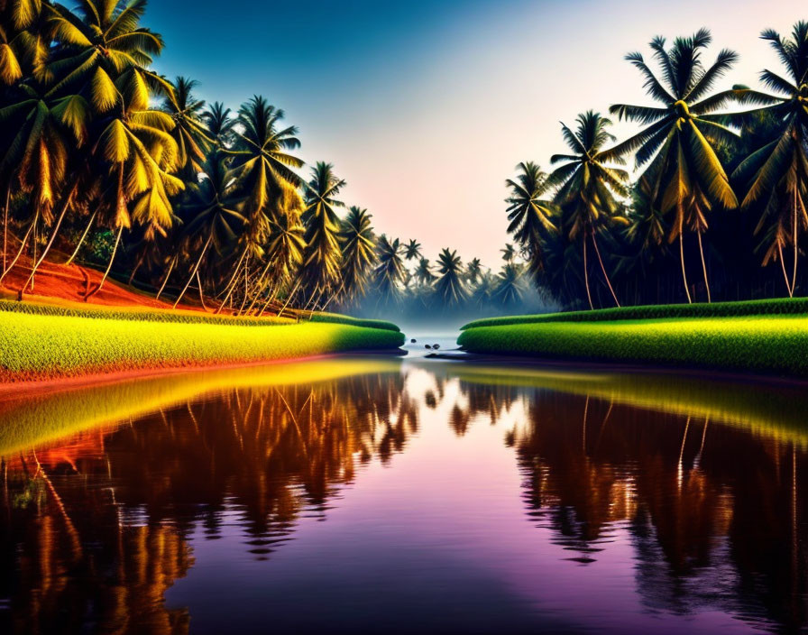 Tranquil river mirroring vibrant sunset colors and lush palm trees