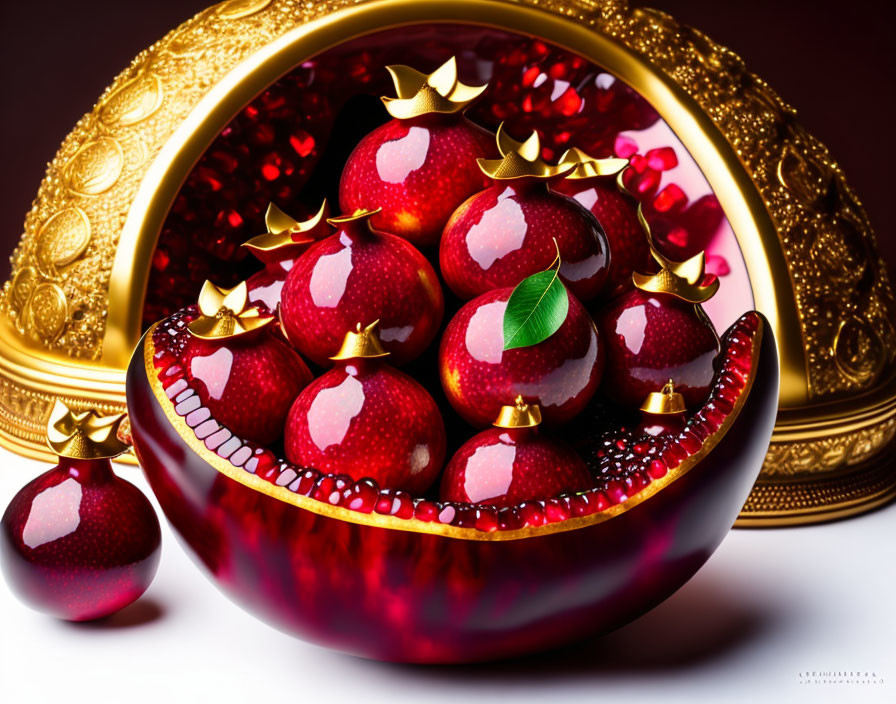 Luxurious Golden Bowl with Red and Gold-Tipped Jewel-Like Fruits