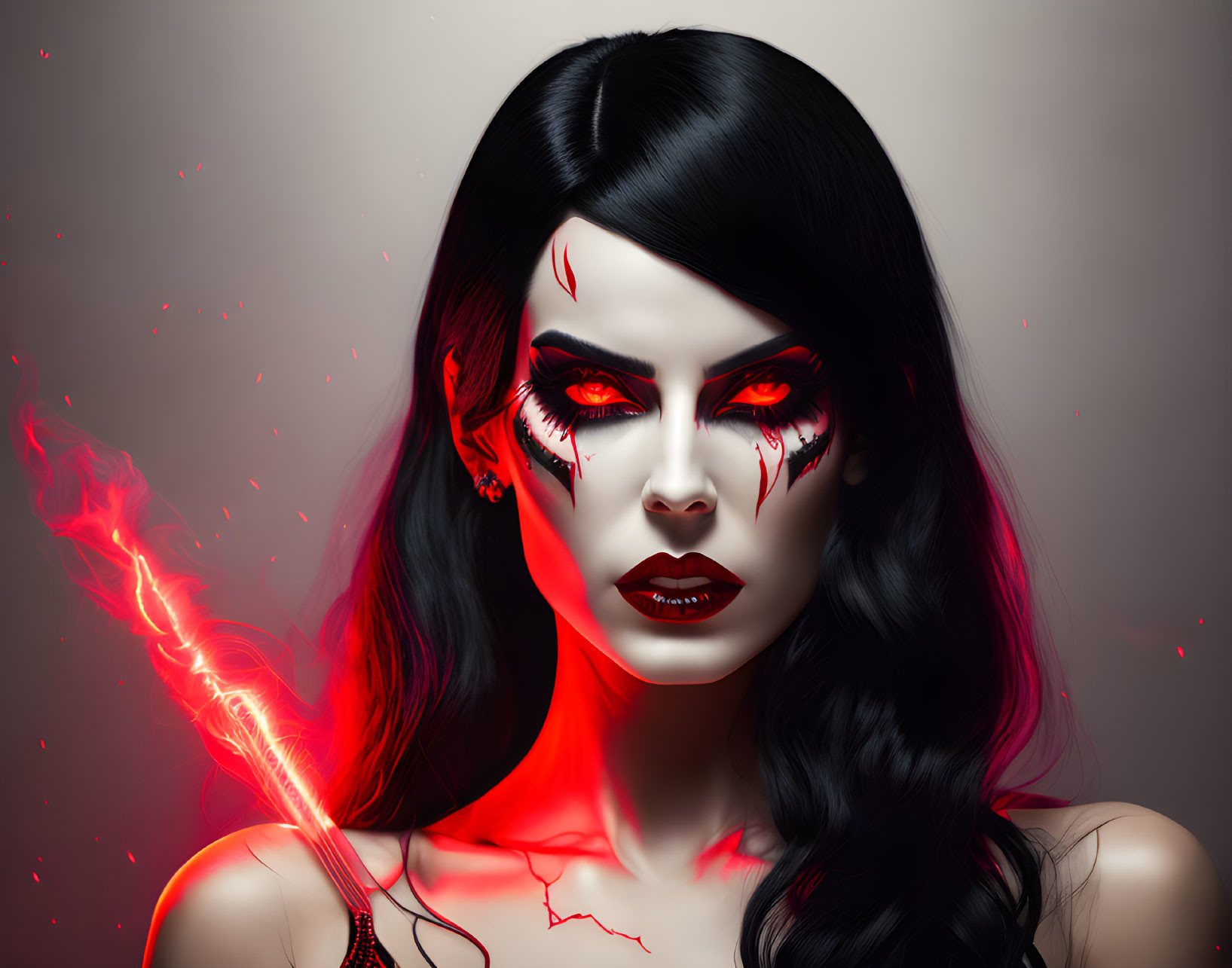 Dark-haired woman with red glowing eyes and makeup holding a radiant staff