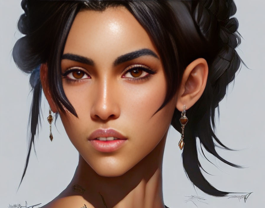 Portrait of woman with dark hair in braids, feather earrings, orange eyeshadow, and ear