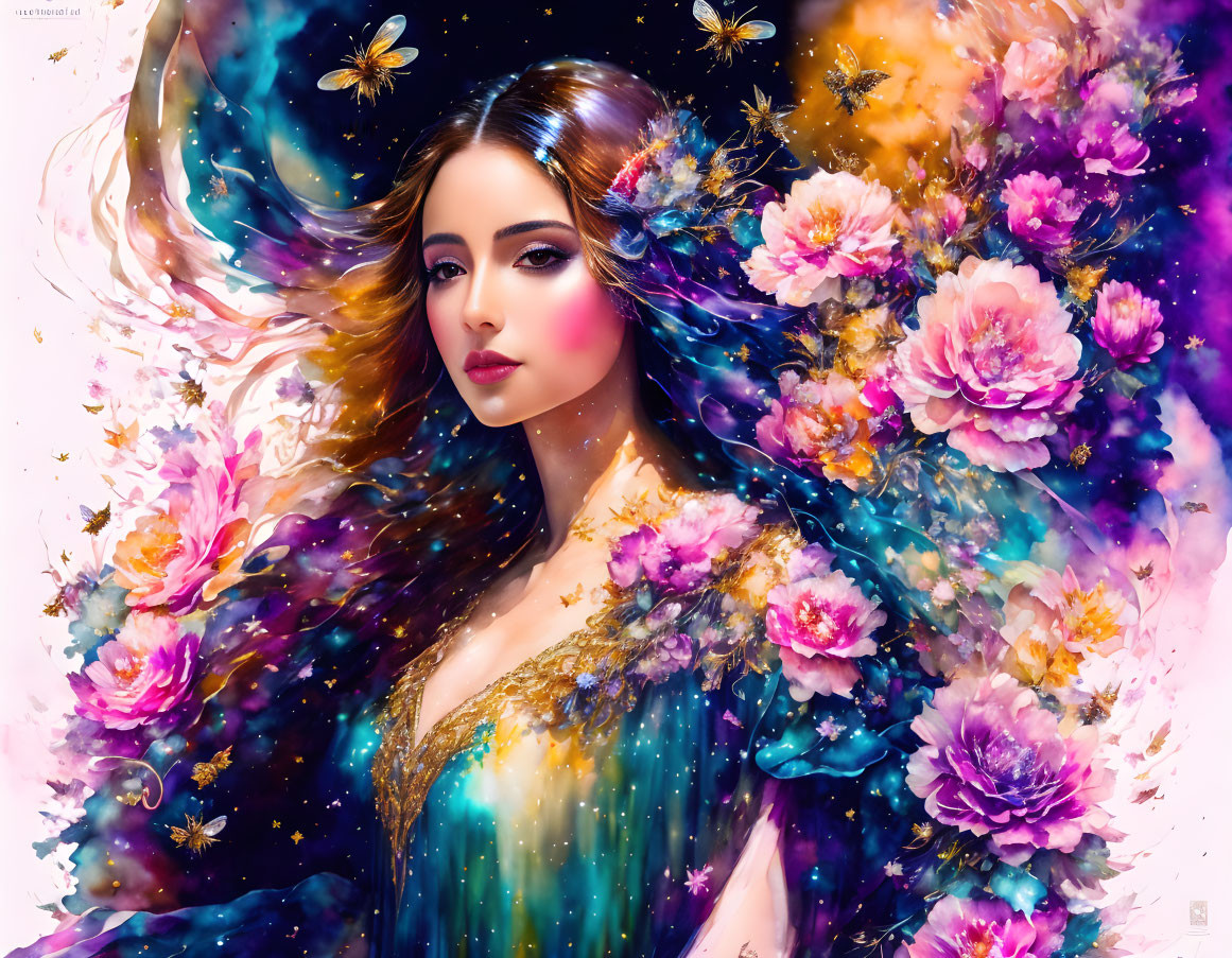 Vibrant surreal portrait of a woman with floral and cosmic motifs and floating butterflies