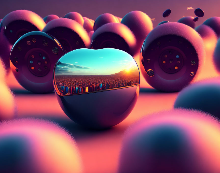 Reflective sphere surrounded by purple fuzzy spheres under a sunset sky