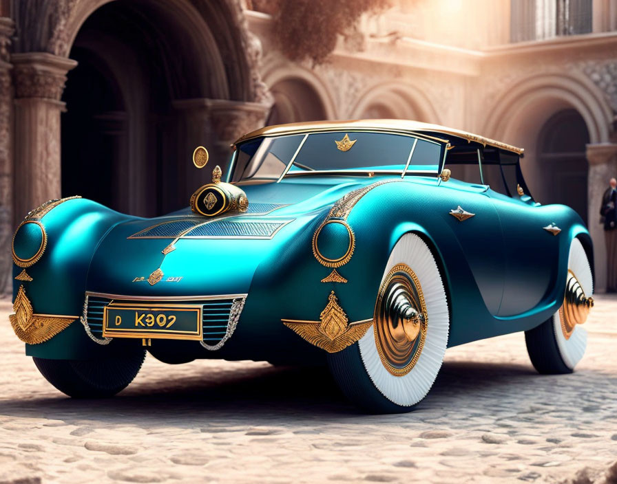 Retro-futuristic turquoise car with golden accents in elegant courtyard