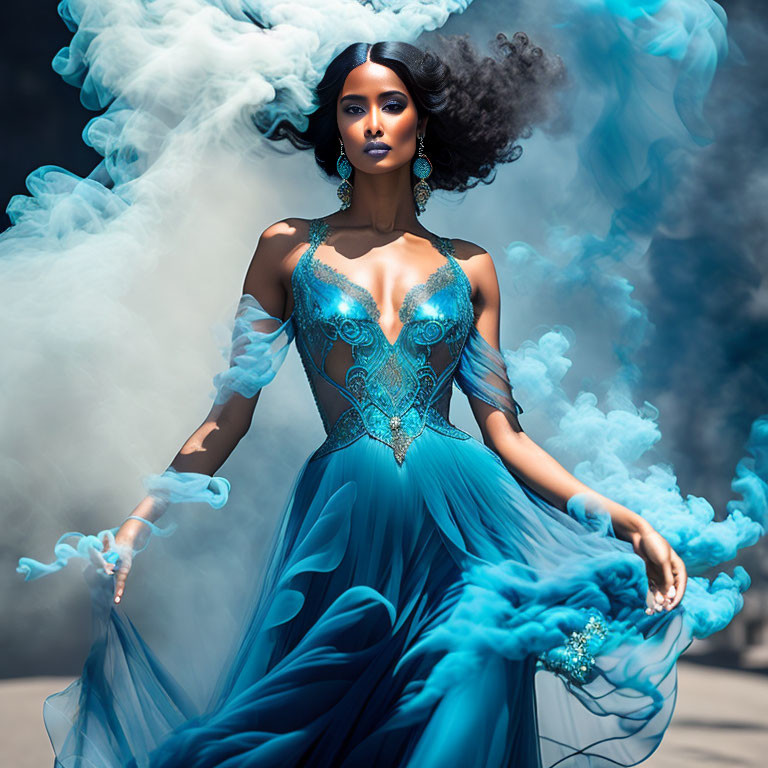 Ethereal woman in elaborate blue gown with swirling smoky effects