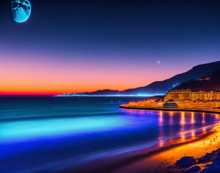 Twilight beach scene with gradient sky, moon, stars, and illuminated buildings