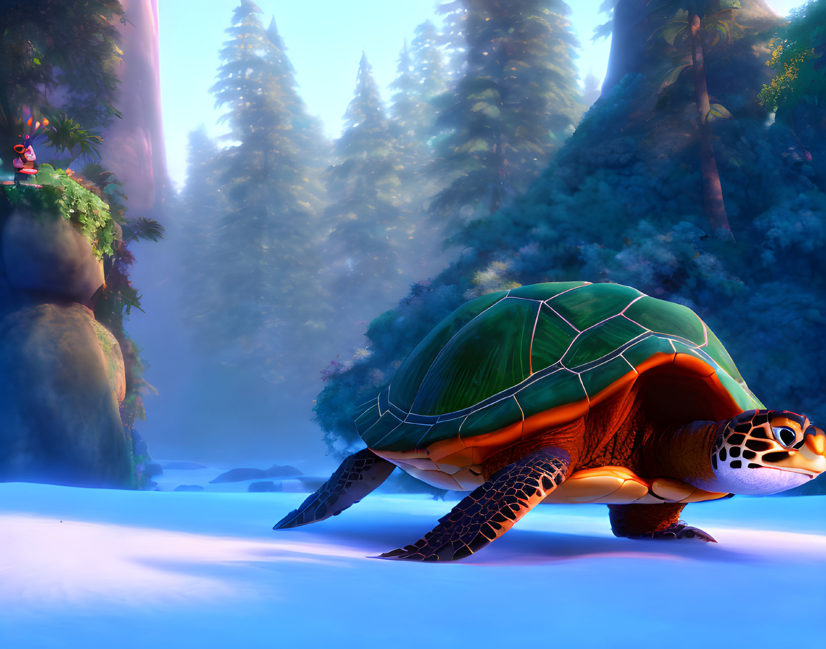 Colorful 3D animation: Large turtle with detailed shell in mystical forest.