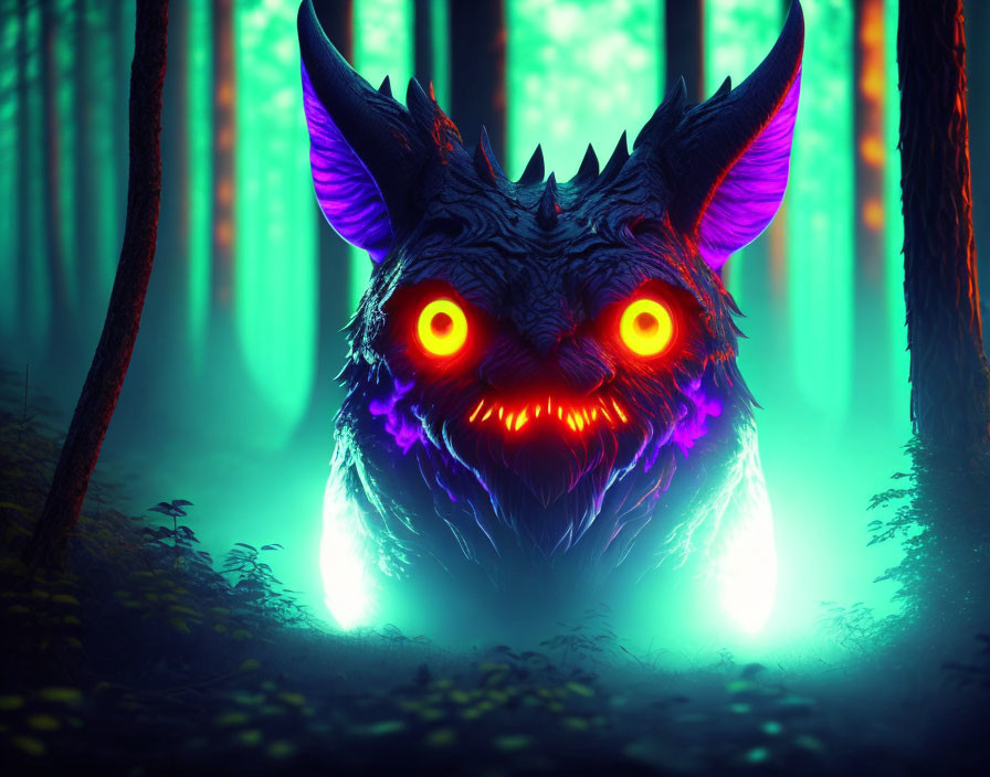 Neon-colored mythical creature with orange eyes in illuminated forest