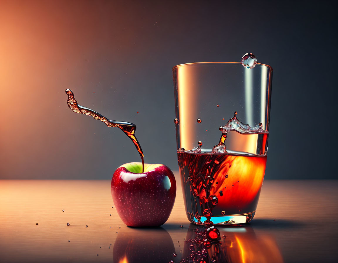 Red Apple and Splash Next to Glass of Liquid on Reflective Surface