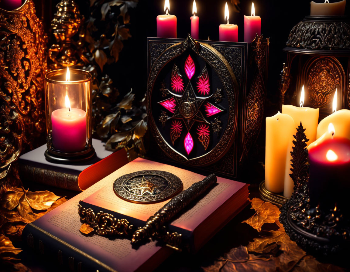 Mystical symbols, candles, quill, autumn leaves in atmospheric setup