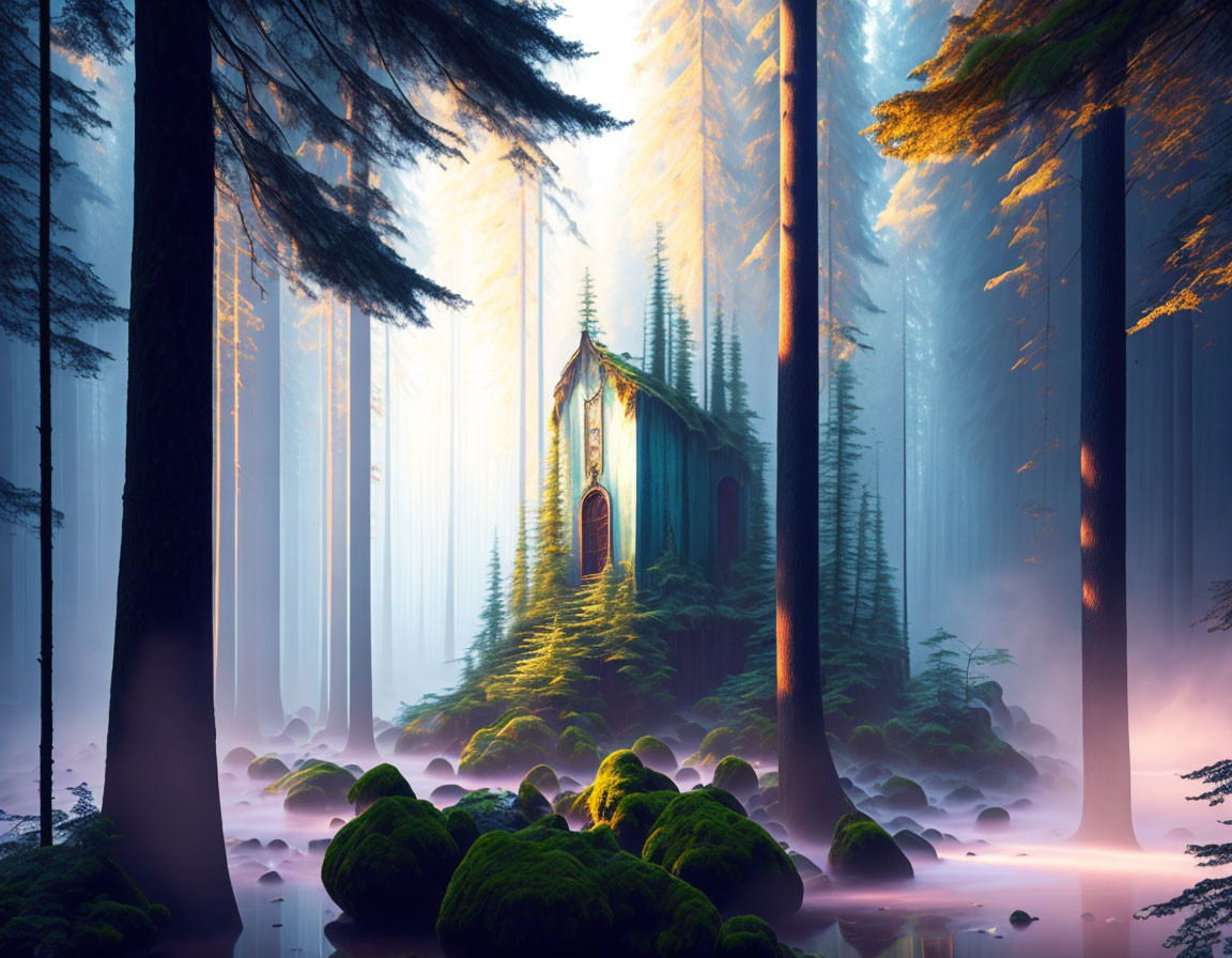 Ethereal forest scene with tall trees, quaint cabin, sunlight, mist, moss-covered rocks