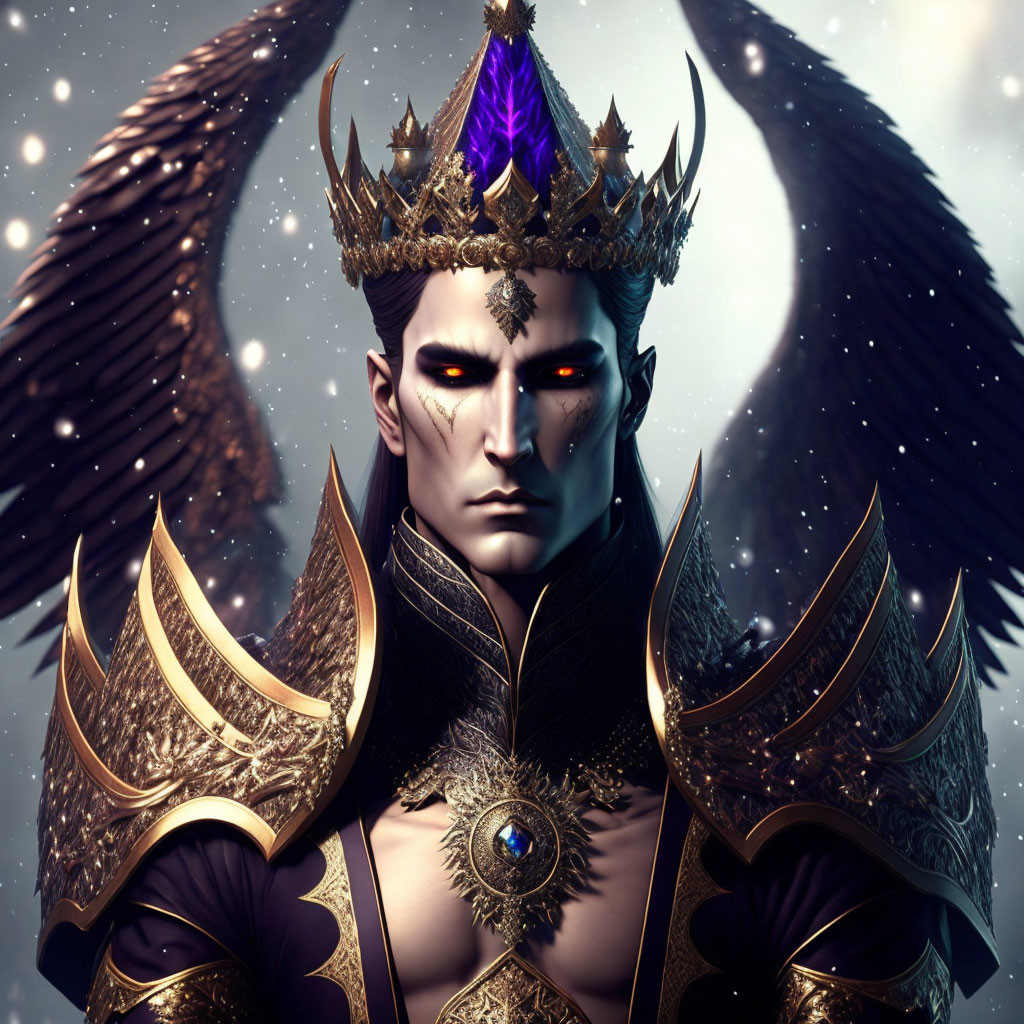 Fantasy-themed male figure with crown, red eyes, ornate armor, and black ethereal wings