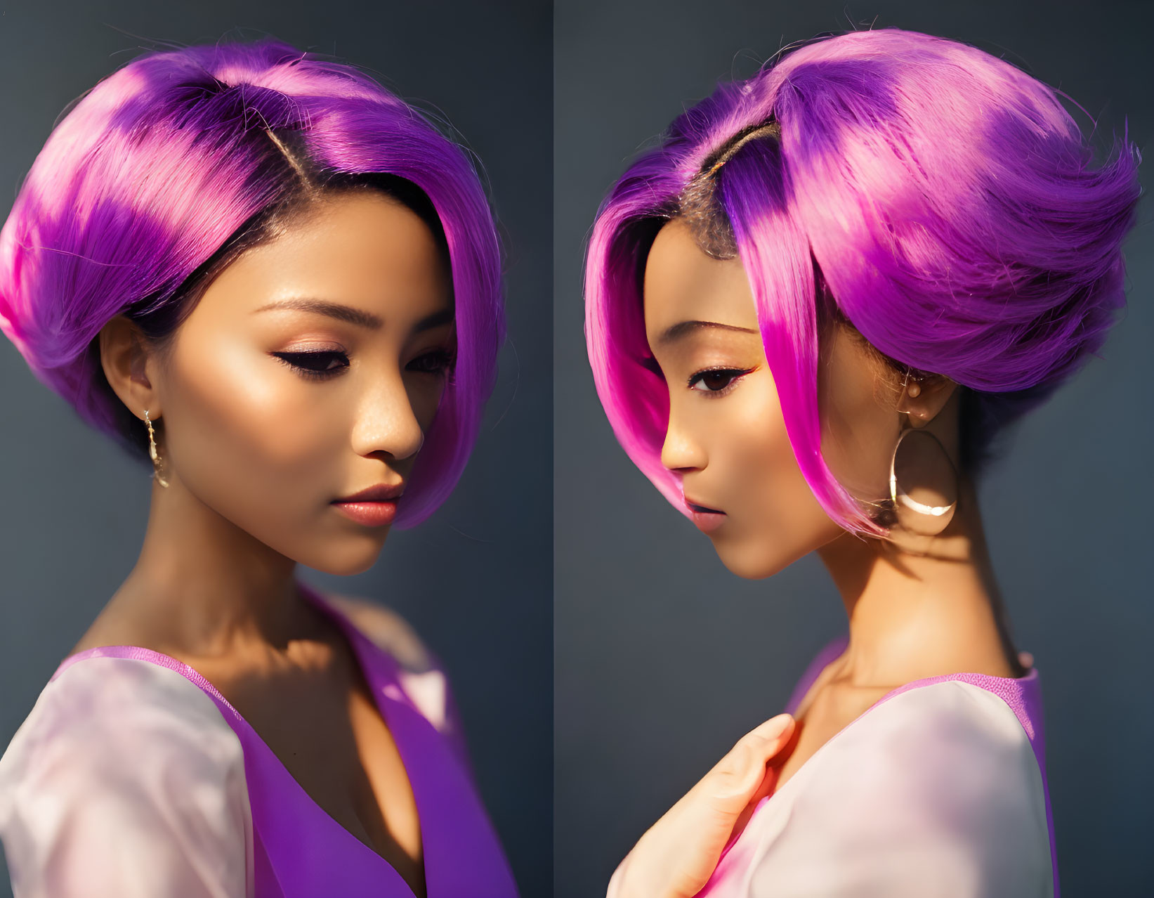 Real person vs. stylized illustration: vibrant purple hair, subtle makeup, purple garment