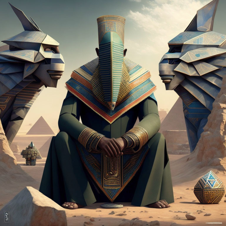 Egyptian-themed artwork featuring stylized figure, pharaoh headpiece, statues, pyramids, and