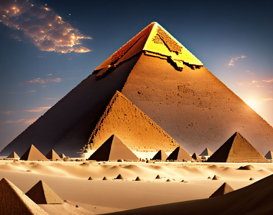 Great Pyramids of Giza in golden sunlight against clear sky